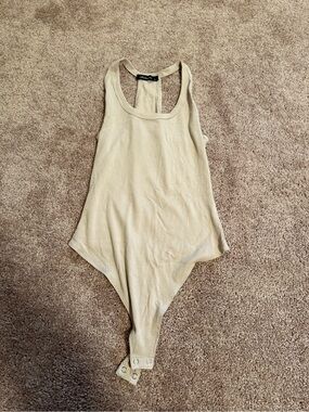 Olivaceous Ribbed Tank Bodysuit in Light Beige